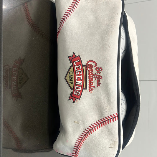 St. Louis Cardinals legend camp bag with two autograph God bless America balls