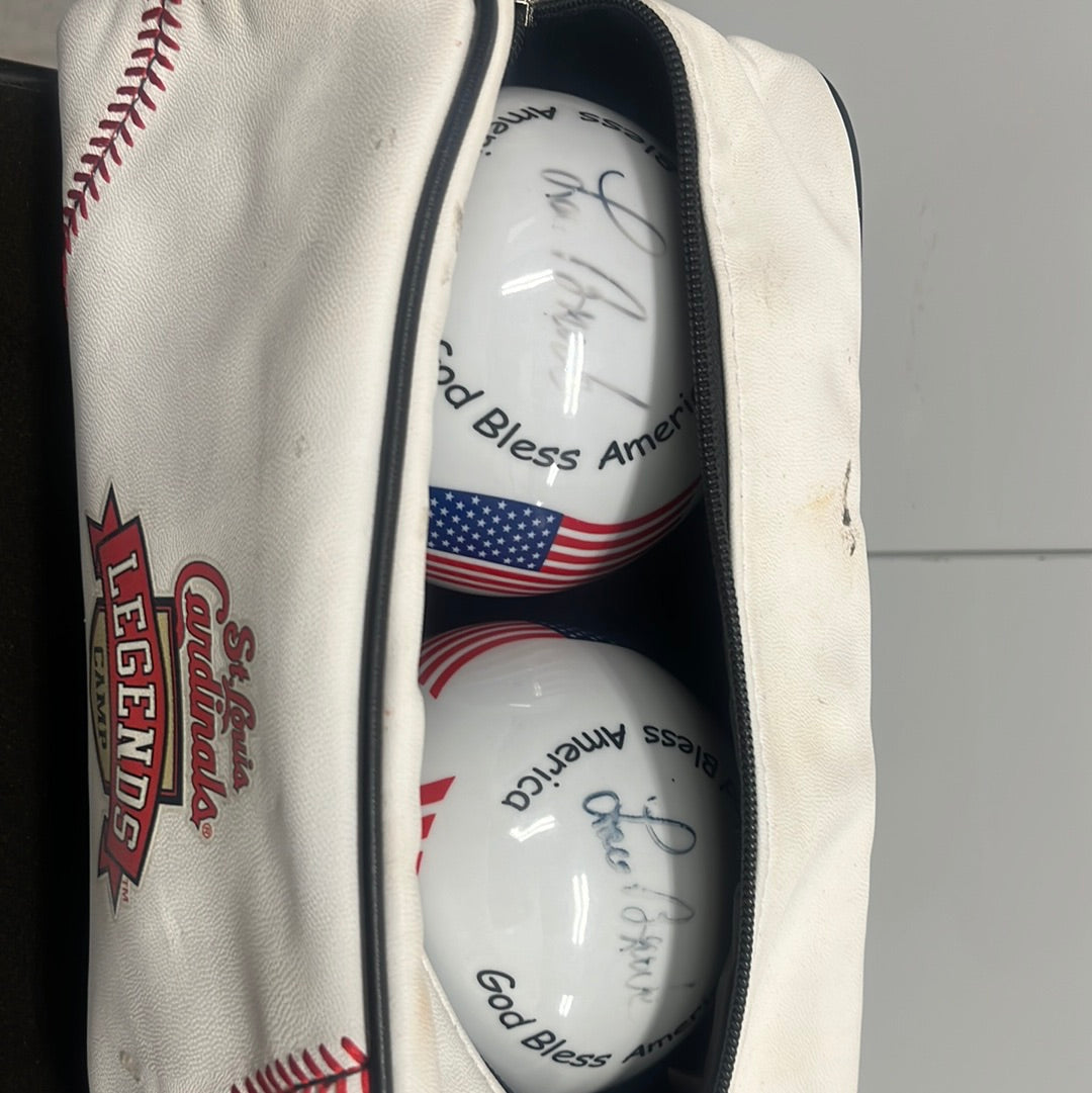 St. Louis Cardinals legend camp bag with two autograph God bless America balls