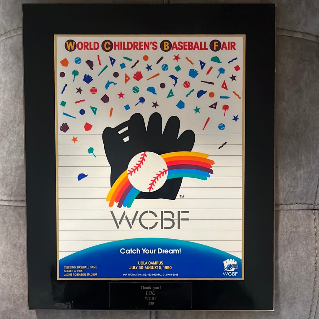 20 x 30“ WCBF world children’s baseball fair poster, signed by Lou Brock and two plaques presented to Lou Brock