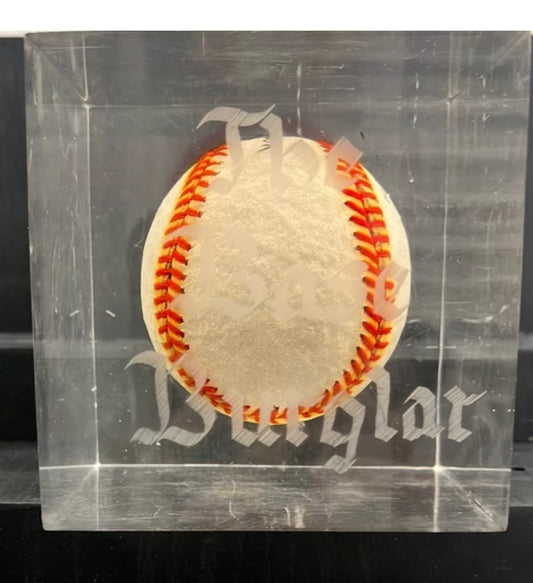 Encased bass burglar signed Lou Brock baseball