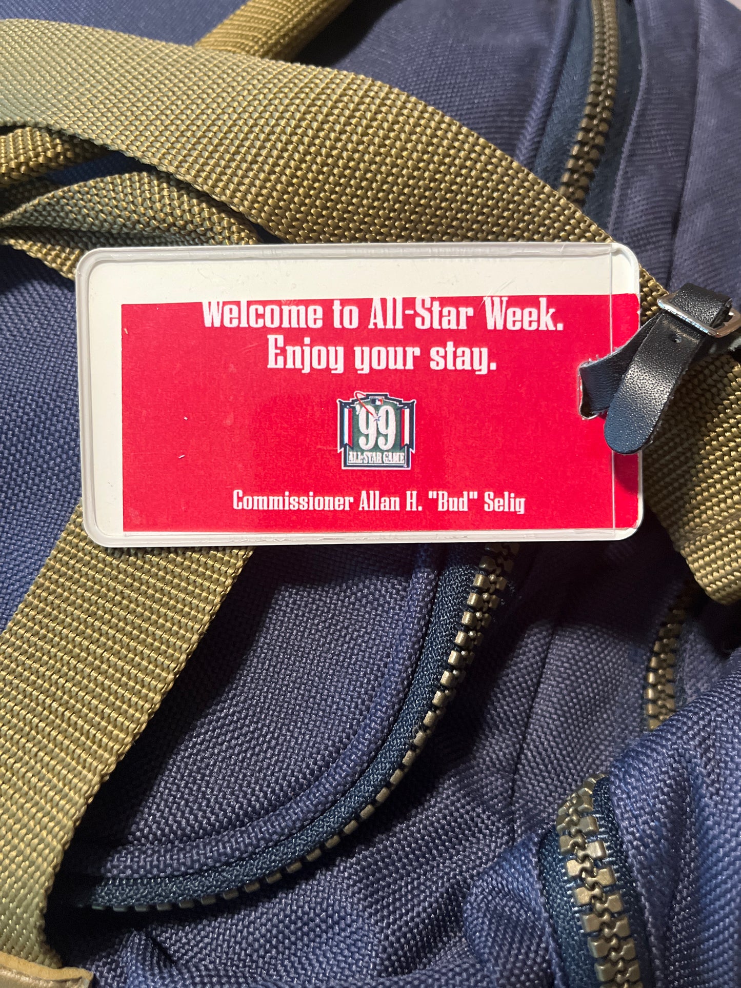 1999 All-Star game in Boston duffel bag with tag from commissioner Selig