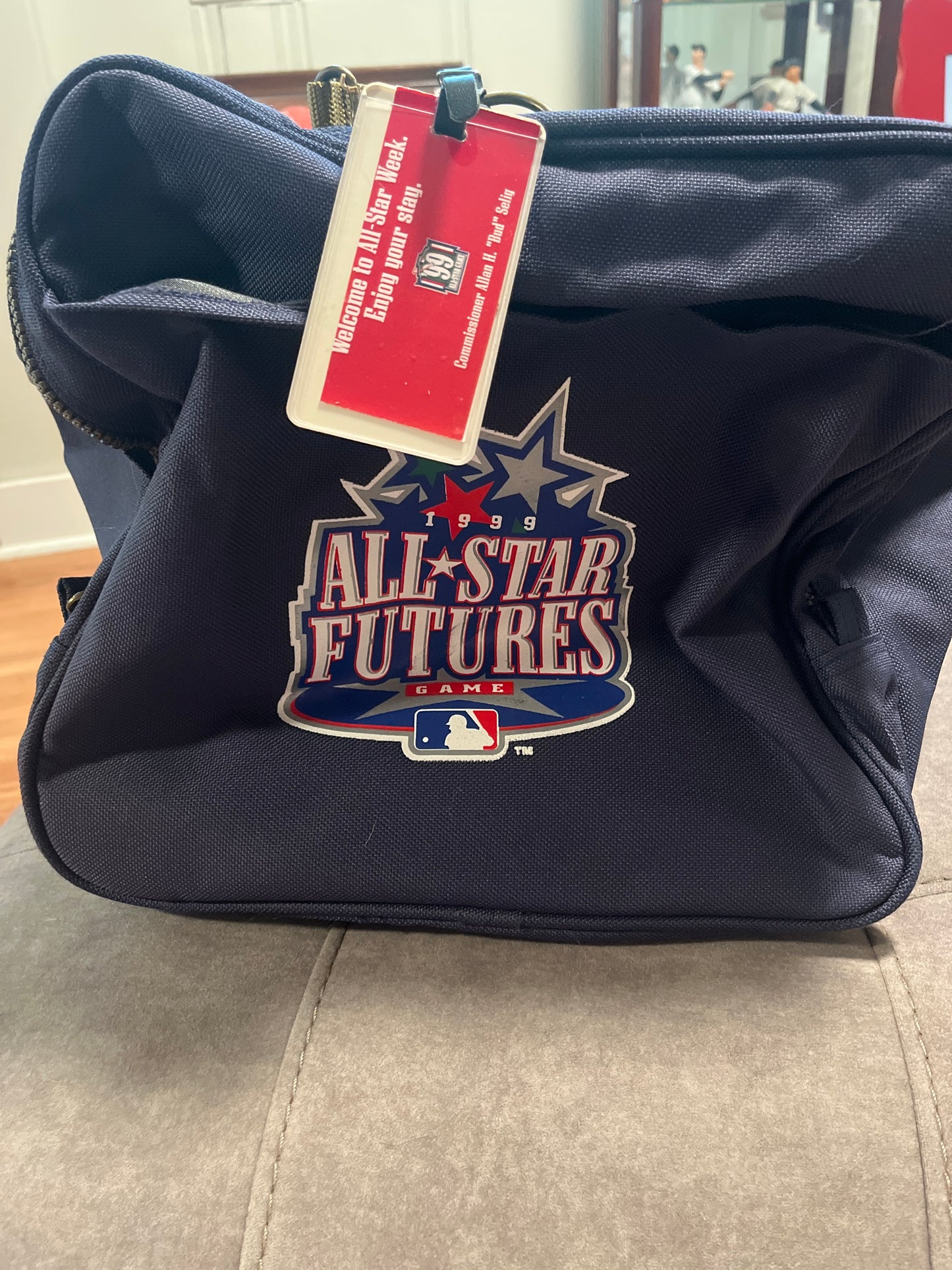 1999 All-Star game in Boston duffel bag with tag from commissioner Selig