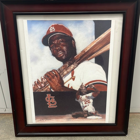 16 x 20“ photo of Lou Brock put holding a bat and Lou Brock sliding into second base