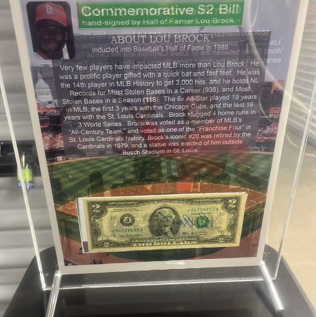 Lou Brock signed commemorative two dollar bill from his personal collection