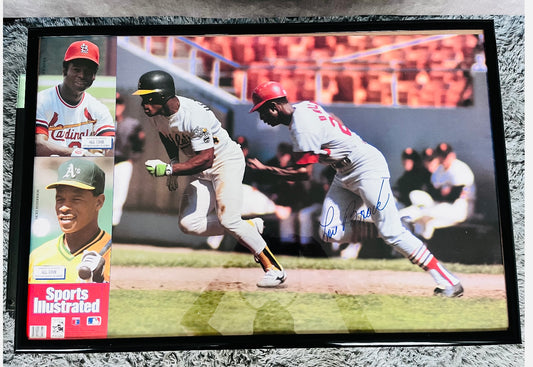 Signed Lou Brock and Rickey Henderson sports illustrated record breaking poster from 1989 from the personal collection of Lou Brock