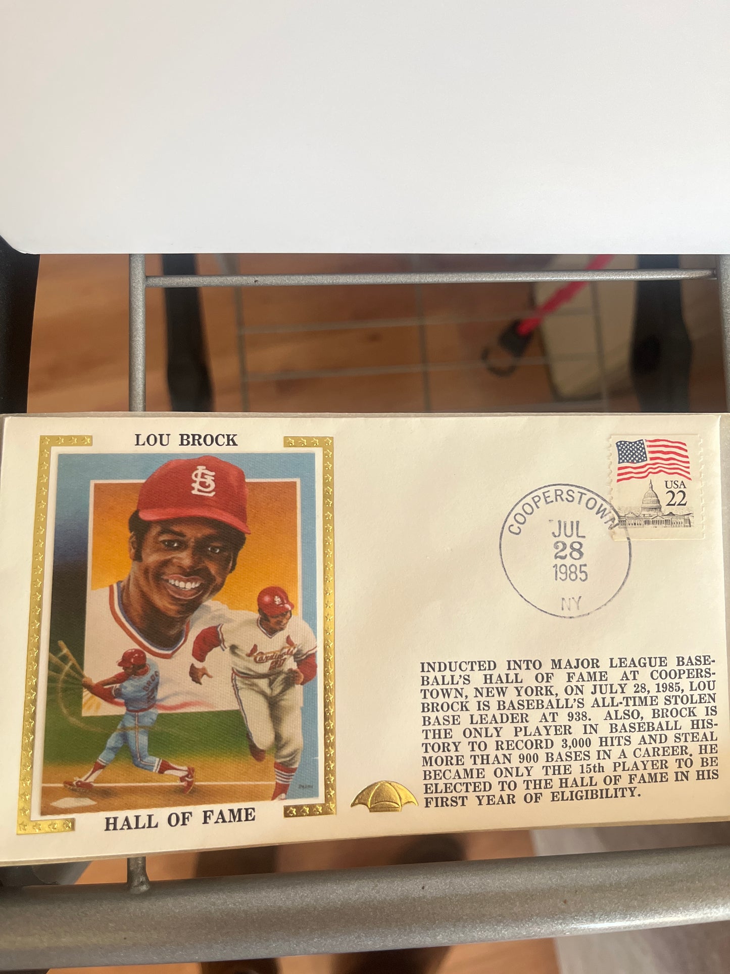 Cachet dated for July 28, 1985 the day Lou Brock was inducted into the major league baseball Hall of Fame